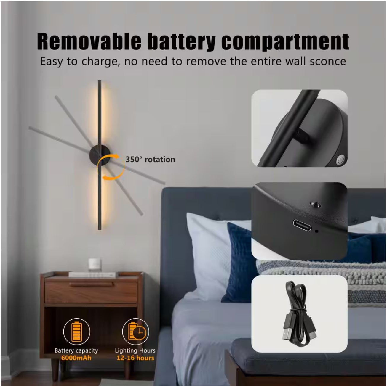 32 in. 2-Light Black Dimmable Color Changing Chargeable LED Wall Lamp Vanity Light Bar with Touch and Remote Control