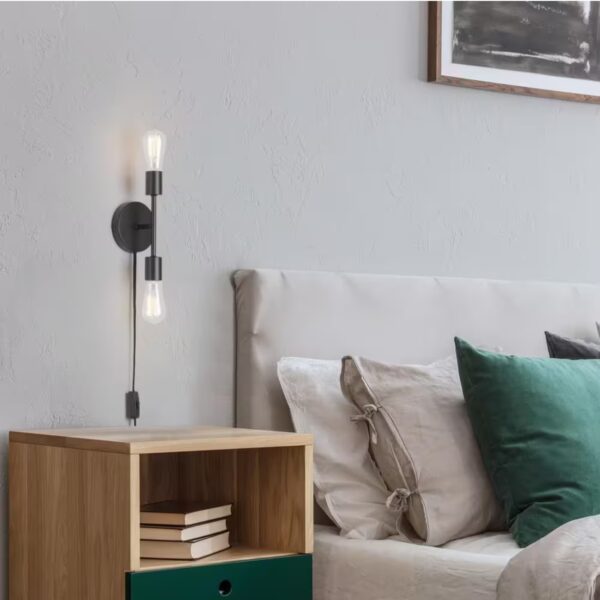 Hampton Bay 10 in. 2-Light Matte Black Plug-In or Hardwire Wall Sconce for Bathroom