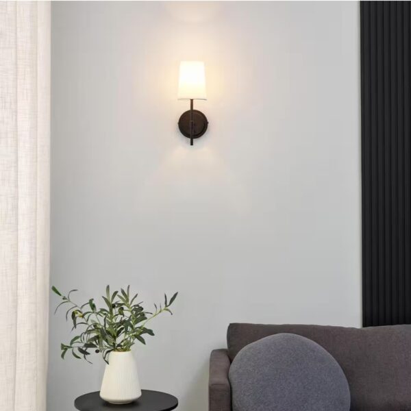 Byrson 6 in. 1-Light Matte Black Wall Sconce Light with Plug-In/Hardwire White Fabric Shade for Indoor Use