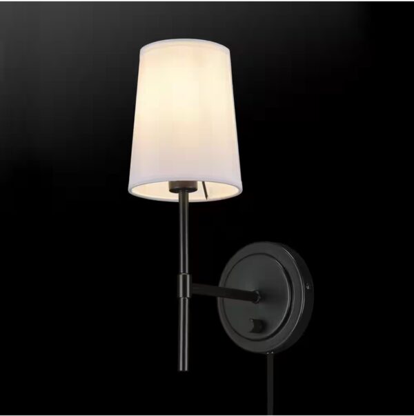 Byrson 6 in. 1-Light Matte Black Wall Sconce Light with Plug-In/Hardwire White Fabric Shade for Indoor Use