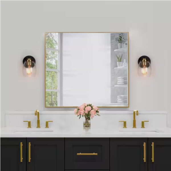 Transitional Cylinder Bathroom Wall Sconce 1-Light Industrial Plating Brass and Black Wall Light with Seeded Glass Shade